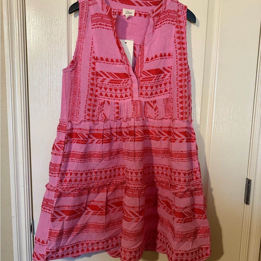 Elan Pink and Red Geometric Casual Dress